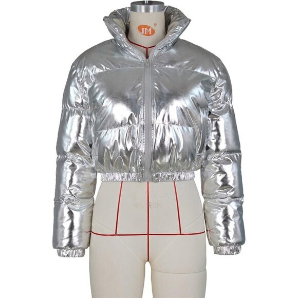 Women's Shiny Cropped Puffer Long Sleeve Solid Color Stand Neck Winter Down Coat - Picture 4 of 5